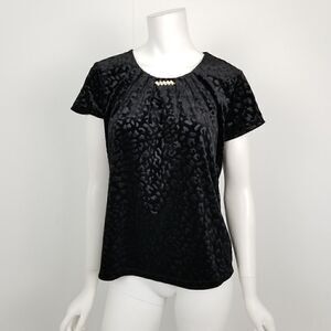 NWT Notations Petites Size Small SP Black Leopard Print Embossed Velvet Top
